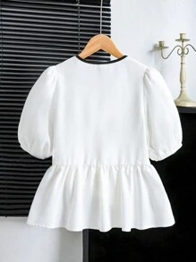 SHEIN Leap Crew Tween Girls' Loose Casual Color Blocking Bowknot Short Sleeve Shirt - White - View 2