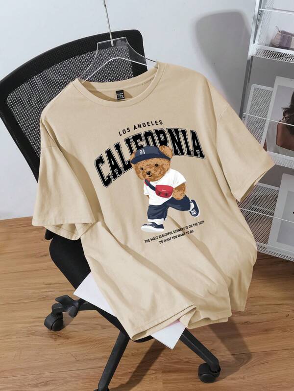 SHEIN EZwear Plus Size Bear Printed Casual Round Neck Short Sleeve Loose T-Shirt With LOS ANGELES CALIFORNIA THE MOST BEAUTIFUL SCENERY IS ON THE TRIP DO WHAT YOU WANT TO DO Print, For Summer