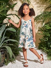 SHEIN 年轻女孩印花雪纺休闲吊带连衣裙 - 彩色 - 查看 3