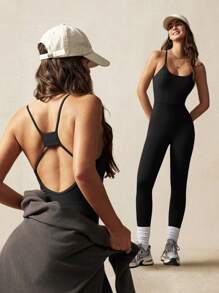 VARSITIE 紧致美背瑜伽女式运动连体衣 - 黑色 - 查看 3