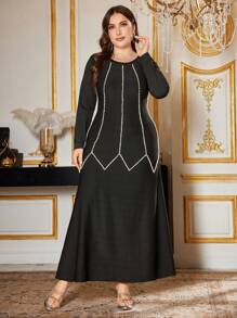 Modelyn Plus Size Women Elegant Round Neck Long Sleeve Pearl Decorated Dress - Black - View 1