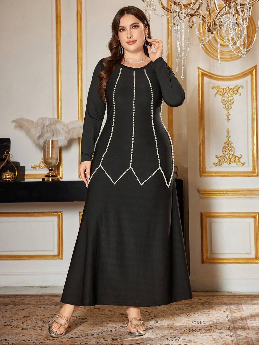 Modelyn Plus Size Women Elegant Round Neck Long Sleeve Pearl Decorated Dress - Black - View 1