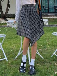 DAZY 女式格子不对称下摆宽松休闲度假夏季半身裙 - 黑色 - 查看 6