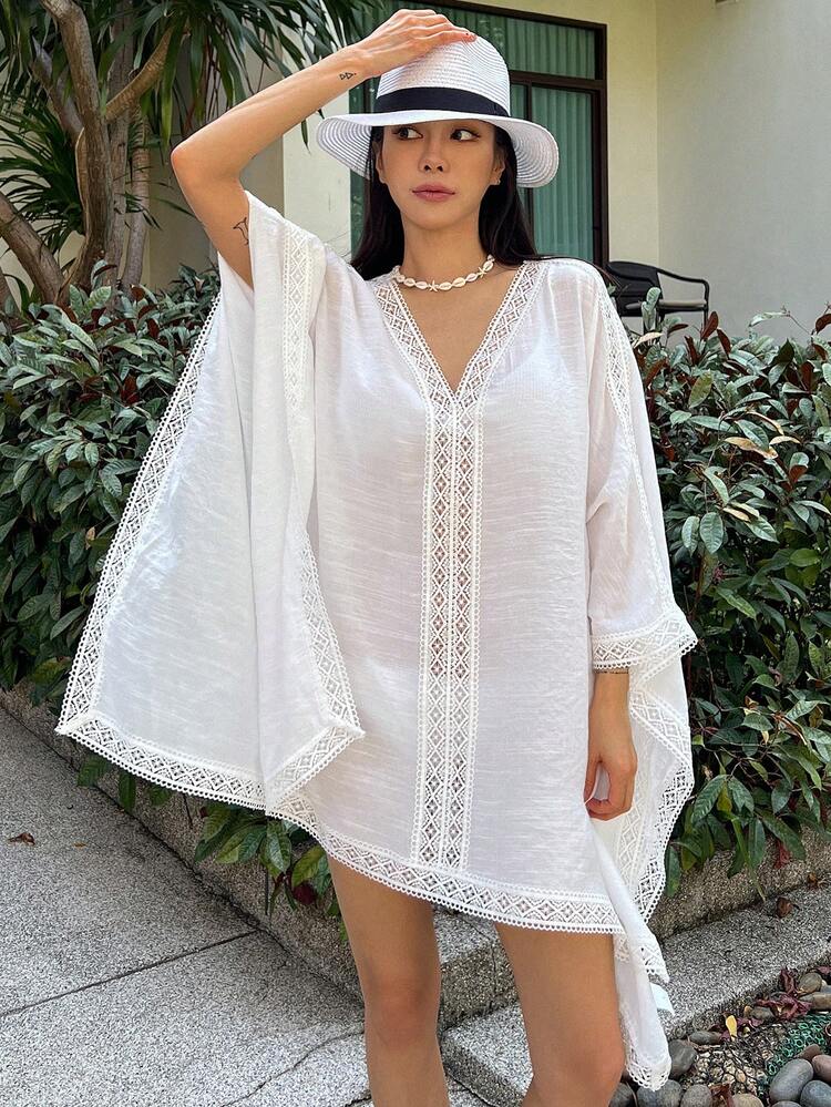 Bohemian Style Solid Color Lace Patchwork Loose Pullover Blouse For Women, Spring And Summer Long Sleeve Top