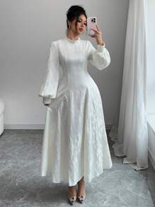 Modelyn 女士优雅 A 字腰链提花编织连衣裙 - 杏色 - 查看 4