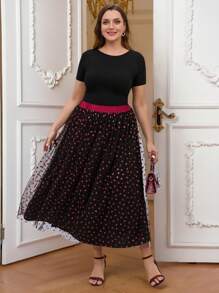 SHEIN Clasi Plus Size Elegant Heart Net Mesh Long Skirt Valentines/Valentine's Day - Black - View 4
