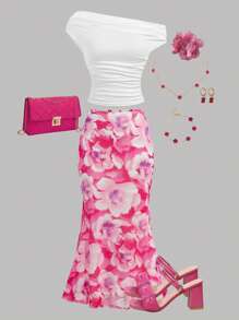 Girlism Conjunto de 2 piezas para adolescentes: Camiseta de punto con hombros oblicuos en rosa y blanco, y falda A-line de malla de punto floral en rosa, apropiado para vacaciones, fiestas, ceremonias de graduación y almuerzos