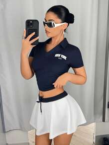 SHEIN ICON Women Y2k Short Sleeve Letter Print T-Shirt And Contrast Color Mini Tennis Skirt 2pcs Set,Everyday Wear,Sporty Style