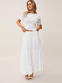 SHEIN Essnce Boho White Tight-Fitting Waisted Short-Sleeved T-Shirt Women's Solid Color Short Sleeve T-Shirt, Minimalist Fashion Casual For Everyday Wear