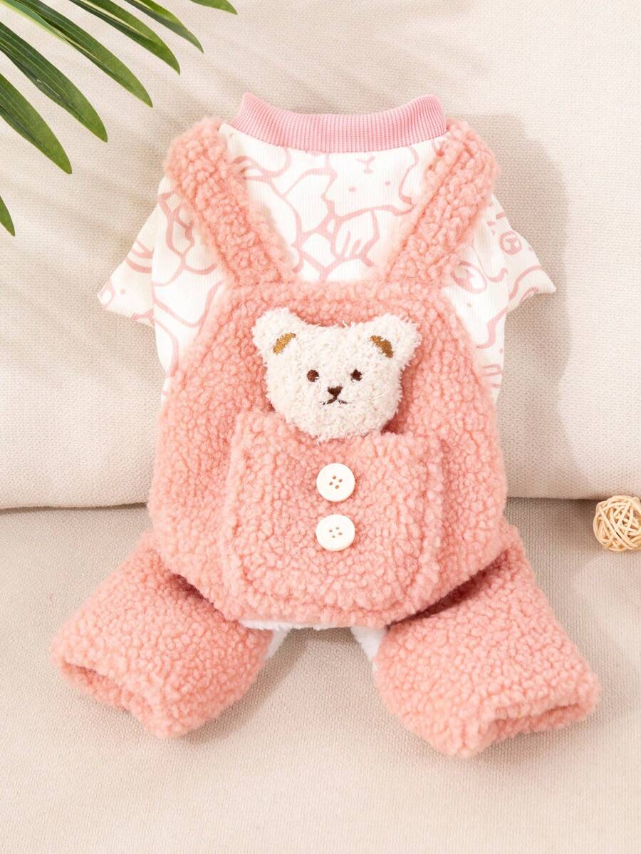 PETSIN Celana Suspender Motif Beruang Merah Muda yang Lembut, Jumpsuit Hewan Peliharaan Kasual yang Lucu dan Hangat - Berwarna merah muda - View 1