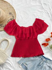 Breezaya Vacation Solid Color Ruffle Off Shoulder Gathered Waist Summer Blouse For Women - Red - View 2