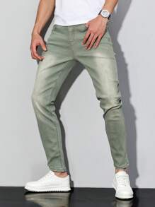 Manfinity Homme Plus Size Men's Casual Distressed Tapered Fit Jeans - Army Green - View 8