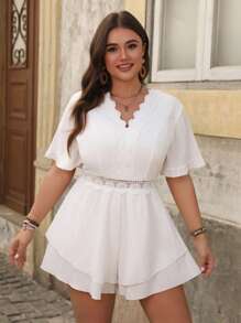 SHEIN Clasi Plus Size Women Elegant V-Neck Lace Patchwork Solid Color Jumpsuit - White - View 4