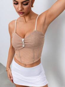 SHEIN Unity 女士优雅可调节肩带装饰吊带背心，春夏 - 香檳色 - 查看 6