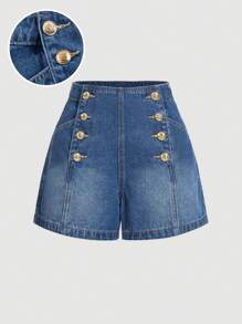 SHEIN MOD Women's Fitted Denim Shorts, 90s Clothes, Vintage Baggy Denim Shorts, Denim Shorts, Valentines Denim Shorts - Medium Wash - View 1