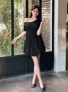 DAZY Asymmetrical Shoulder Solid Color Ruched A-Line Mini Dress For Women,Casual Women Dresses