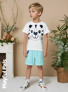 SHEIN 2pcs/Set Young Boy Cute Cat Print Round Neck Short Sleeve T-Shirt And Shorts Set, Suitable For Daily Wear - White - View 1
