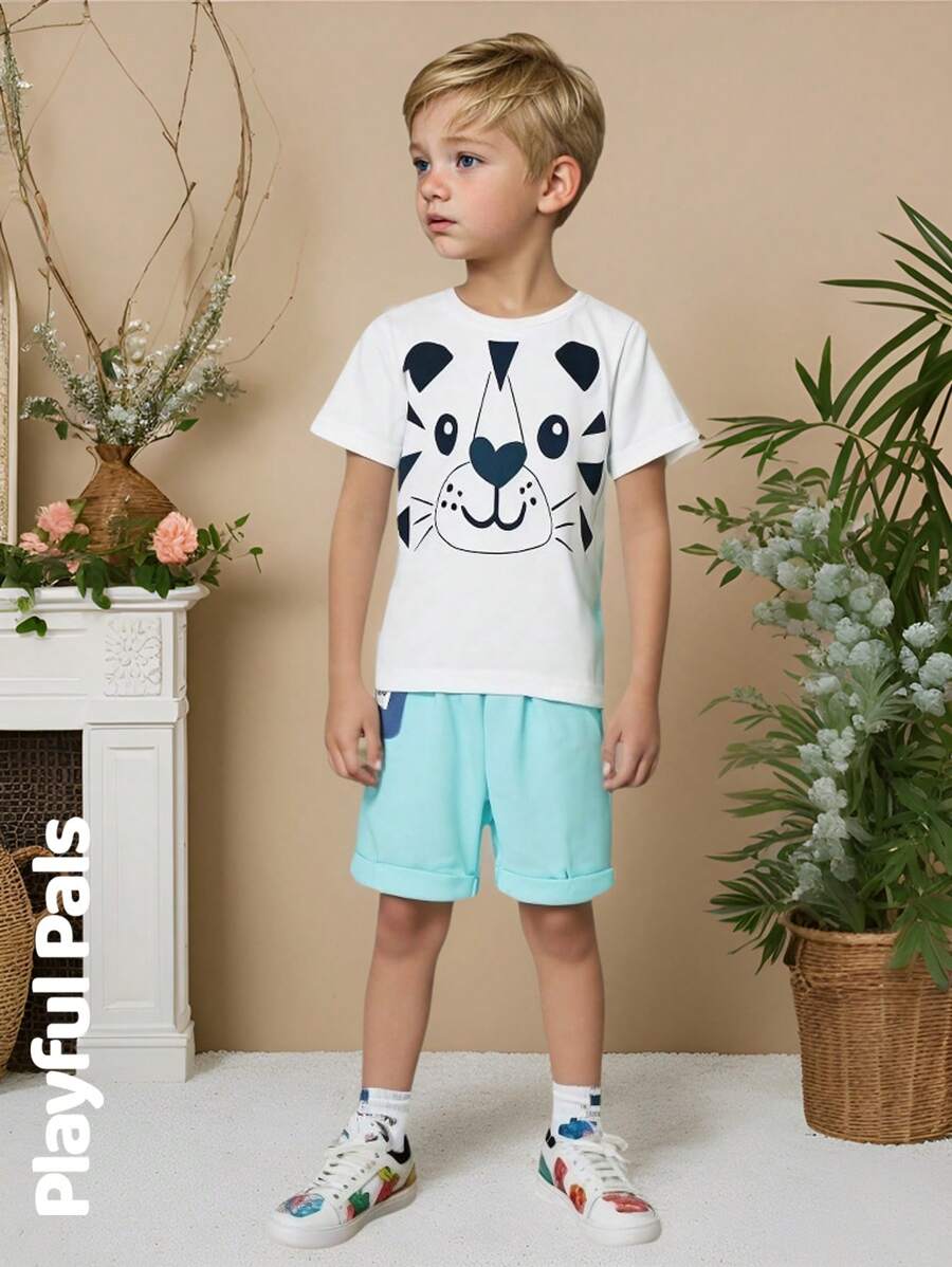 SHEIN 2pcs/Set Young Boy Cute Cat Print Round Neck Short Sleeve T-Shirt And Shorts Set, Suitable For Daily Wear - White - View 1
