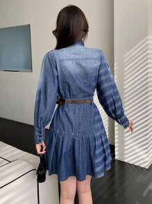 DAZY Women Short Pleated Tie-Front Long Sleeve Denim Dress
