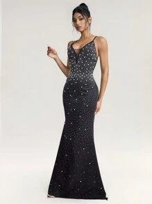 SHEIN Belle Vestido largo elegante de mujer con tirantes de espagueti adornados con strass y perlas falsas, vestido de invitada de boda, vestido de fiesta, vestido de noche, vestido de gala, color negro - Negro - Ver 7