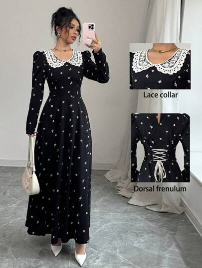 Modelyn Women's Black Floral Printed Woven Patchwork Collar Long Sleeve A-Line Belted Elegant French Vintage Country Style Dress Autumn Brunch Tea Party