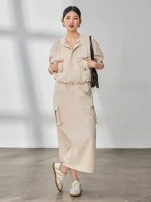 Dazy-Less 2 件套女士宽松休闲实用风格大口袋花卉荷叶边设计套装夏季复古风格商务休闲女装、教师装 - 杏色 - 查看 1