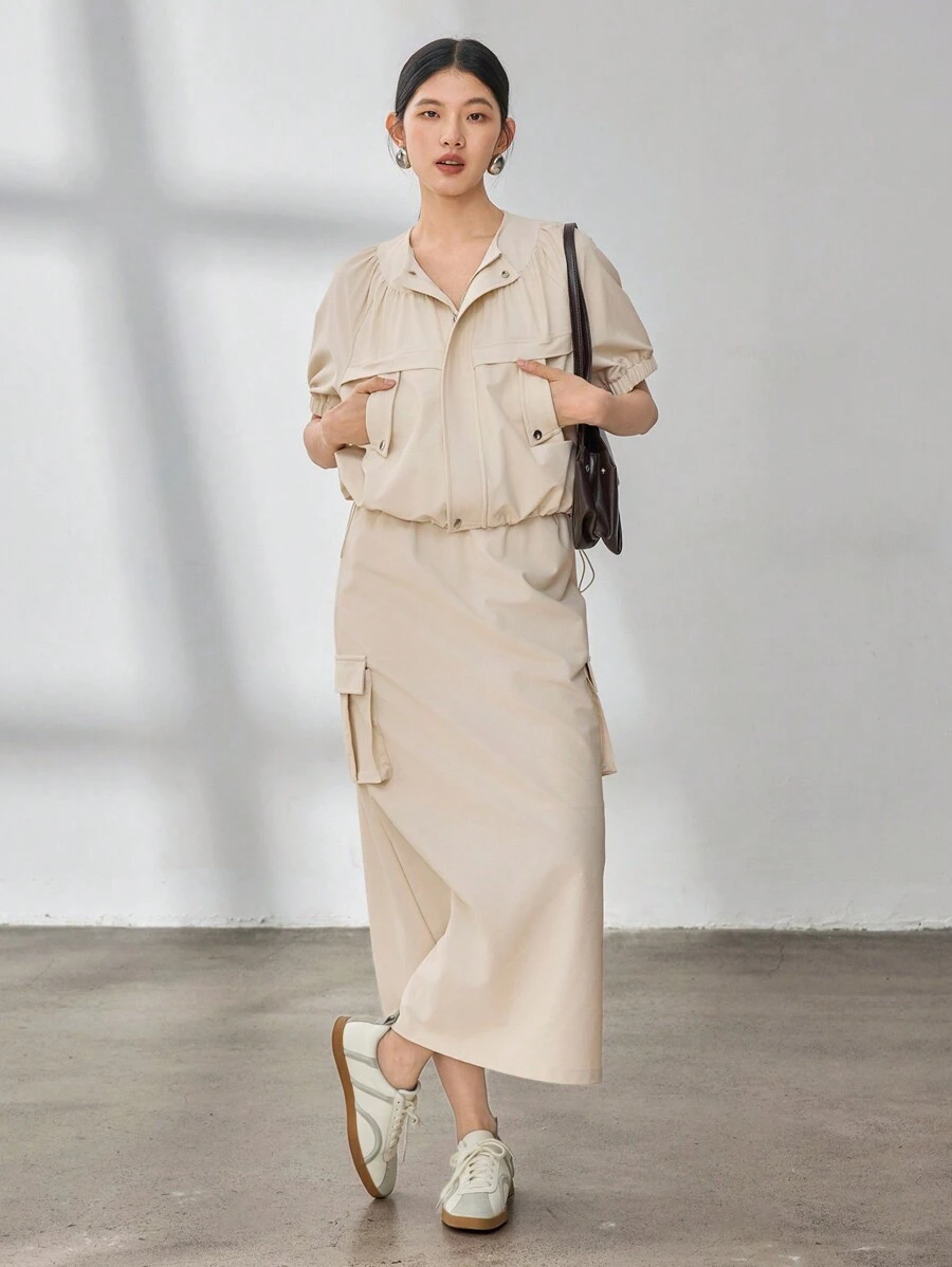 Dazy-Less 2 件套女士宽松休闲实用风格大口袋花卉荷叶边设计套装夏季复古风格商务休闲女装、教师装 - 杏色 - 查看 1