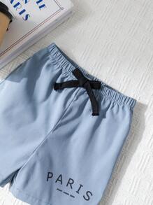 2 件套男婴字母印花撞色连帽夹克和短裤套装，适合春夏季室内外穿着 - 藍色 - 查看 8