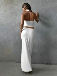 Aloruh Women's Sexy Halterneck Backless Top And Fitted Skirt 2 Pieces Set Valentine's Day Two Pieces Set Women Vacation Outfits Elegant Beach Outfits White Top Long Dress Sexy Party Beach Dress Bodycon Dress Boho White Outfits For Women Prom Dresses Rave Outfits Festival Concert Backless Old Money Style Wedding Guest Dress Summer Dress Vacation Rave Summer Sets - White - View 2