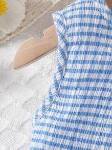 Conjunto de ropa de primavera y verano para niña bebé y niña pequeña con textura a rayas y cuadros azules, elegante y de moda - Azul y blanco - Ver 5