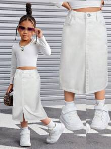 SHEIN TaviRue Young Girl Y2K Basic Black Y2K Denim Skirt,Cool Thanksgiving, Spring And Summer Casual Vacation Country Boho Wear, Beach Denim Skirt