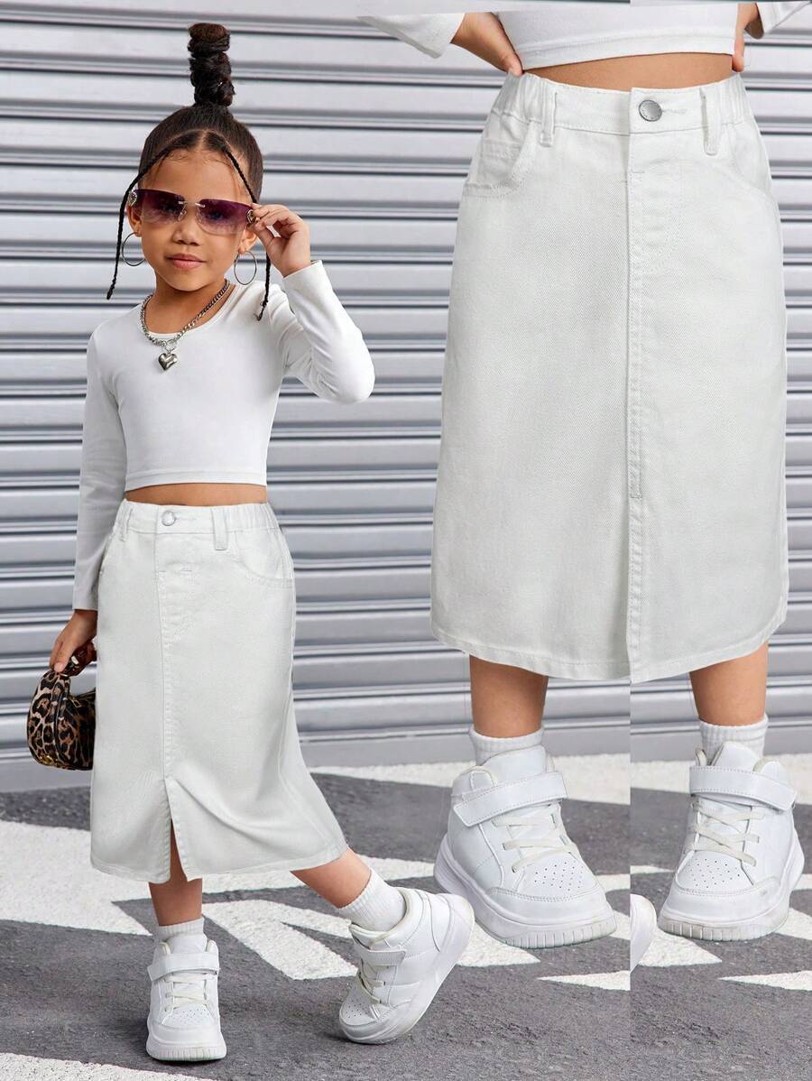 SHEIN TaviRue Young Girl Y2K Basic Black Y2K Denim Skirt,Cool Thanksgiving, Spring And Summer Casual Vacation Country Boho Wear, Beach Denim Skirt