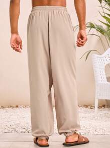 Manfinity VCAY Men's Woven Casual Daily Young Loose Solid Color Elastic Waist Straight Leg Track Pants - Coffee Brown - View 3