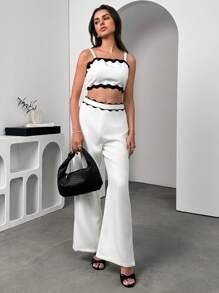 Chiquease 2 Peças/Conjunto Elegante Francês Simples, Camisole Branca e Preta Ondulada Tecida, Calça de Cintura Alta, Novo Lançamento Feminino para Verão - Preto e Branco - Visão 5
