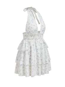 Flirla Plus Size Elegant Ditsy Floral Backless Halter Neck Dress - White - View 3