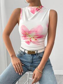Chiquease Romantic Floral Print Asymmetric Ruched Camisole - Pink - View 1