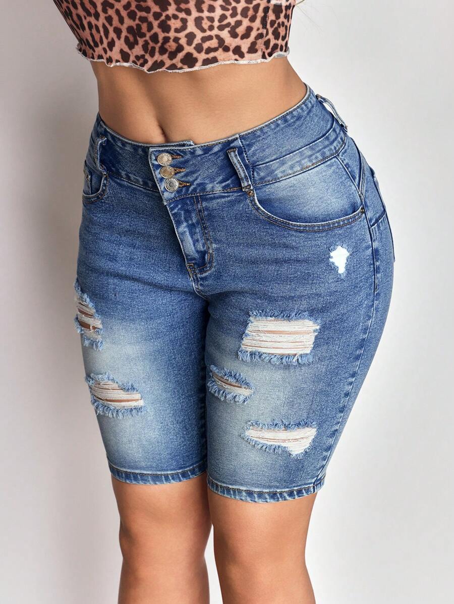 SHEIN SXY Women's Multiple Button Closure Denim Shorts, Stretchy Fitted Ripped Washed Skinny Style, Sexy For Summer - Blue - View 1