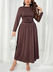 Firerie Plus Size Women's Elegant Vacation Beach Casual Stretchy Fitted Long Sleeve Dress, Suitable For Date, Party, High-End Restaurant, Versatile Spring