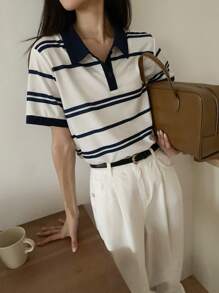 DAZY Maglietta casual a maniche corte con colletto polo, a blocchi di colore e righe per le donne