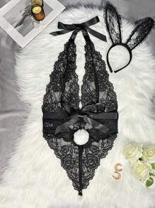 2 件套女士蕾丝内衣服装（连体裤和头饰） - 黑色 - 查看 2