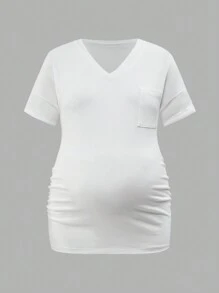 SHEIN Top ajustado de manga corta con escote en V para maternidad, uso casual diario - Blanco y Negro - Ver 8