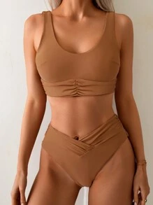 Swim Lushoire Bikini da donna a 2 pezzi, semplice tinta unita, arricciato, per spiaggia - Arancione - Visualizzare 5