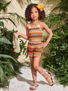 2pcs/Set Young Girl Knit Tank Top And Shorts Set - Multicolor - View 5