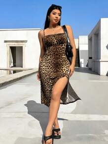 Solflare Plus Size Leopard Print Bodycon Slit Spaghetti Strap Casual Dress For Summer - Multicolor - View 6