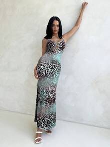 Aloruh 女士春夏季假期珍珠镂空针织豹纹渐变色紧身超长开衩吊带裙