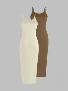 SHEIN Unity Einfarbiges, eng anliegendes Maxikleid mit Spaghettiträgern für Urlaubsoutfit Damen - Verschiedenfarbig - Übersicht 2