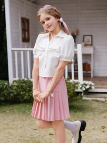 SHEIN 少女白色腰部短上衣，3D 黑色蝴蝶结点缀，短泡泡袖，优雅校园风格 - 白色 - 查看 4