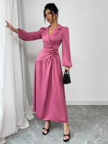 Modelyn Vestido largo casual de mujer de unicolor, de manga larga, cuello plano simple y plisado - Rosa - Ver 5