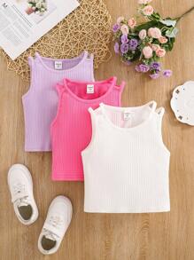 3-Piece Young Girl Solid Color Knit Crew Neck Form-Fitting Tank Top Set - Multicolor - View 1