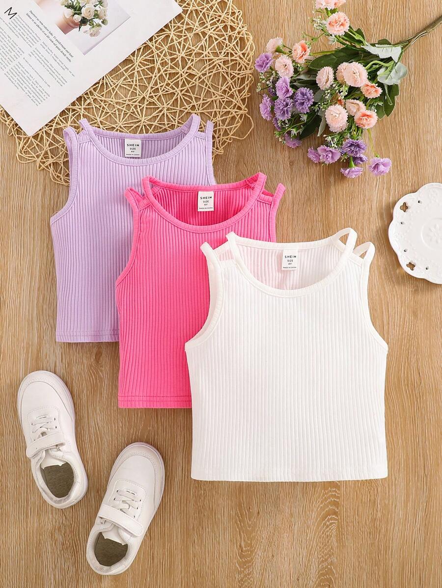 3-Piece Young Girl Solid Color Knit Crew Neck Form-Fitting Tank Top Set - Multicolor - View 1